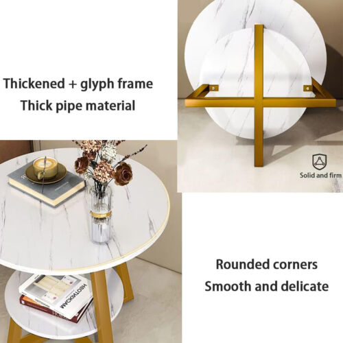 Round Side Table 2 Tier White Nightstand Coffee Sofa End Table Marble Design - Picture 9 of 12