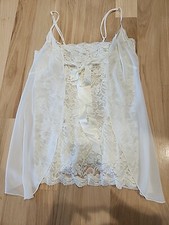 VINTAGE Y2k Victoria's Secret Teddy Cream Lace Sheer Babydoll Teddy Bridal Sz S