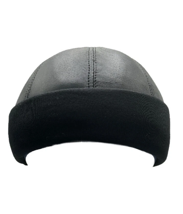 Negro Invierno Piel de Oveja Cuero Real Sombrero Piel Tejido Gorro Puño Redondo Cubo Invierno Foto 3 de 4