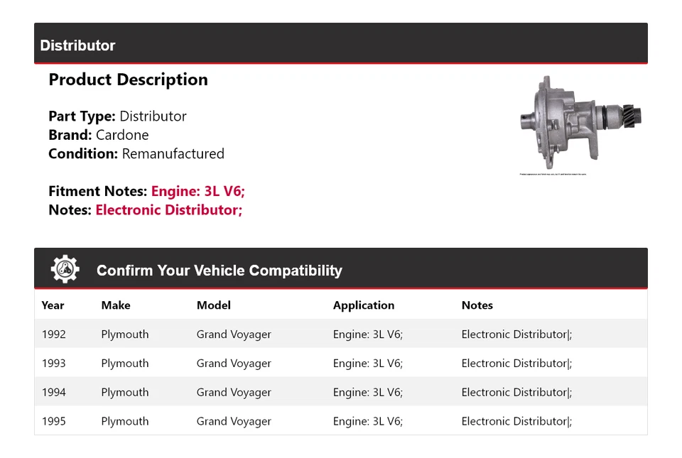 For 1992-1995 Plymouth Grand Voyager 3L V6 Distributor Cardone 1993 1994 - Image 2 of 4