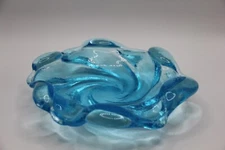 Fenton Heavy Texture Art Glass Trinket Dish Bowl Ashtray Swirl Turquoise Aqua 8"