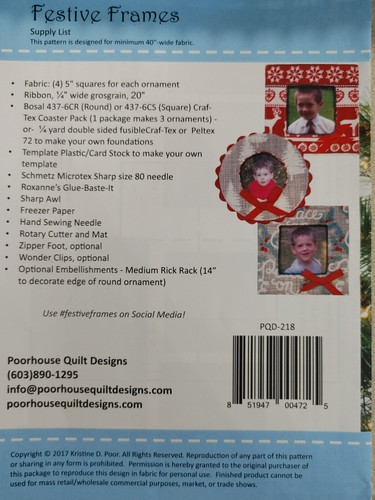 PoorHouse Quilt Designs Festive Frames Pattern Coaster Pack Included 4" Ornament - Picture 2 of 3