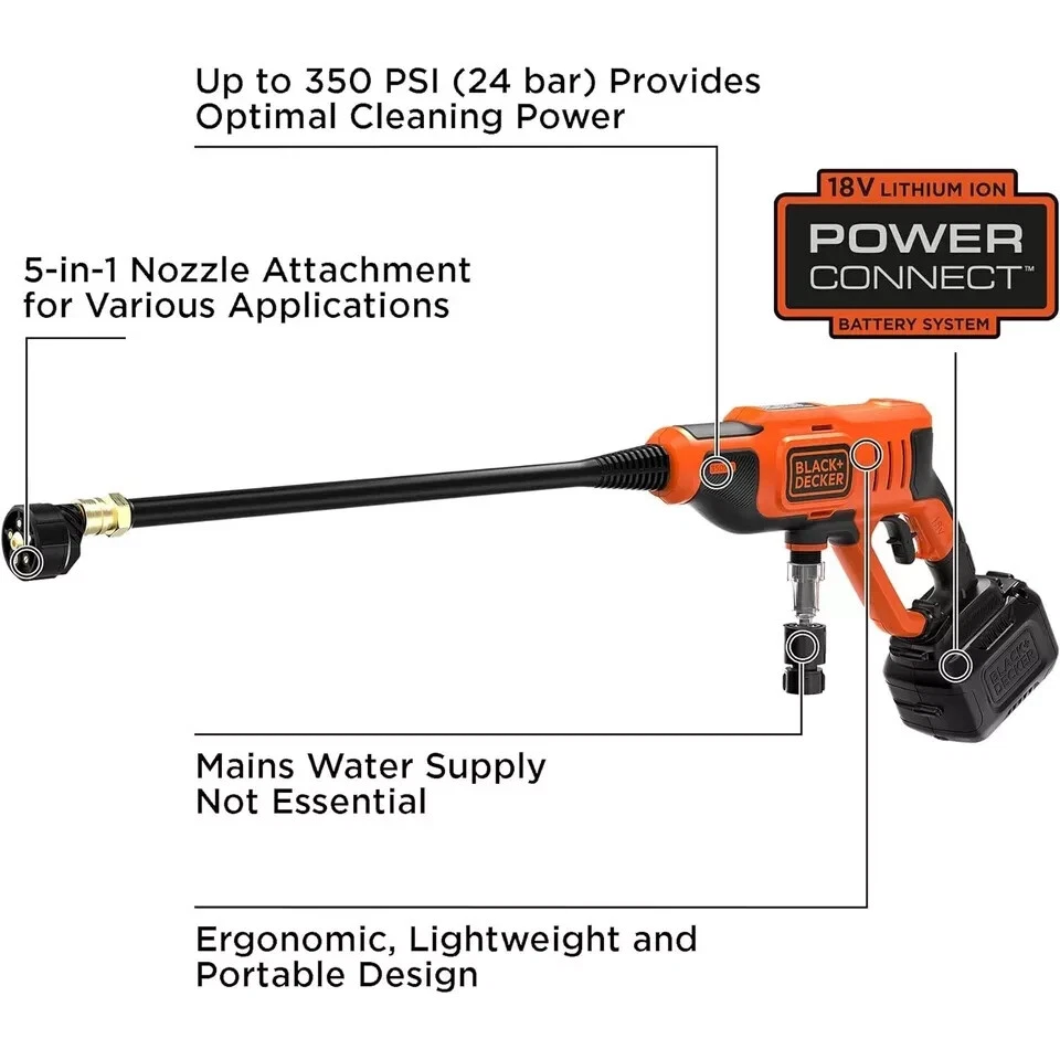 Black & Decker BCPC18D1-GB 18V Pressure Washer & Cleaner+ 1x2Ah Battery &Charger - Image 3 of 4