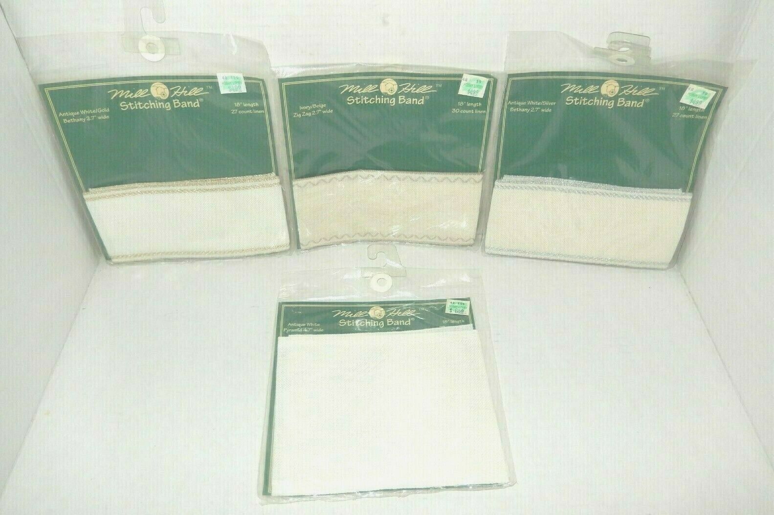 4 Vintage Mill Hill Stitching Bands Linen 27 & 30 Ct 18" Long 2.7" & 4.7" Wide 