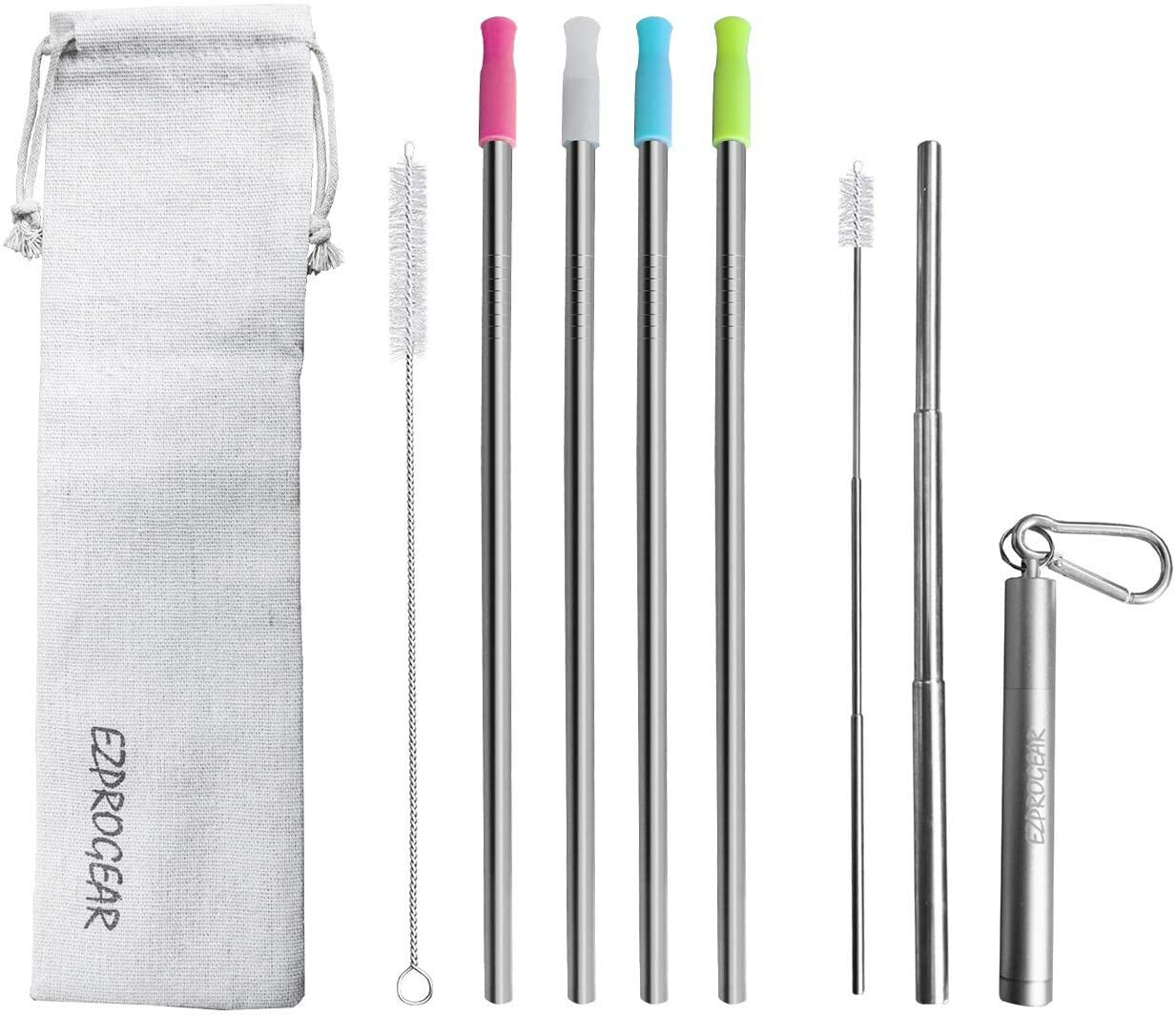 Ezprogear Metal Stainless Steel Wide Straws with Silicone Tips Collapsible Straw