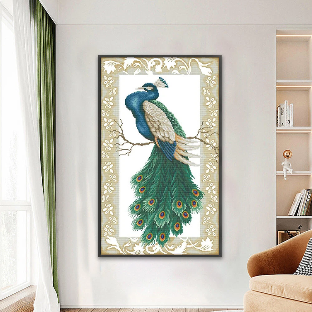 Stickerei-Öko-Baumwollgarn 14 CT bedruckt Pfau Kreuzstich-Kunstwerk 38 x 62 cm - Bild 11 von 12