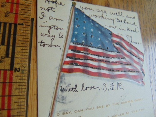 1907 American Flag post card- National Anthem on front- tinsel- Rotograph, NY - Picture 2 of 5