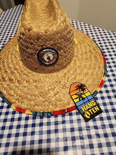 Hang Ten Surf Apparel Gold Balboa Straw Hat Hawaiian Beach Sun Flowers