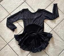 NEW Girls BLACK VELVET Sequin Bodice RUFFLE Competition Figure ICE SKATING Dress