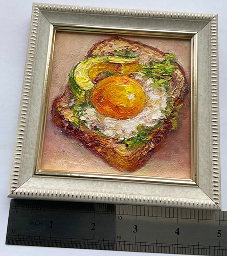 Original Oil Painting Breakfast Sandwich Egg Food art 4x4inch - Picture 7 of 16