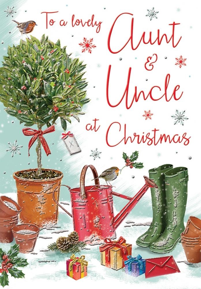 Christmas Card - Aunt & Uncle - Watering Can Wellies - Glittered - Regal NEW