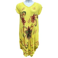 Yellow Floral Dress Womens L Gauzy Sequins Short Sleeve Asym Hem Boho Beach