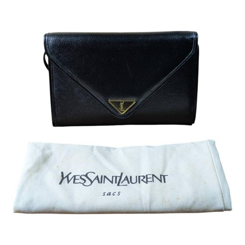YVES SAINT LAURENT Letter Shoulder Bag Logo Hardware Classic Black Leather