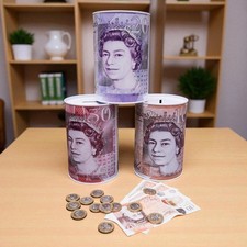 Money Box Tin Pound Note Design £5 £10 £20 £50 Cash Saving Piggy Bank for Kids