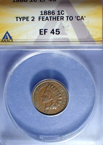 1886 Type 2 Indian Cent  ANACS XF 45