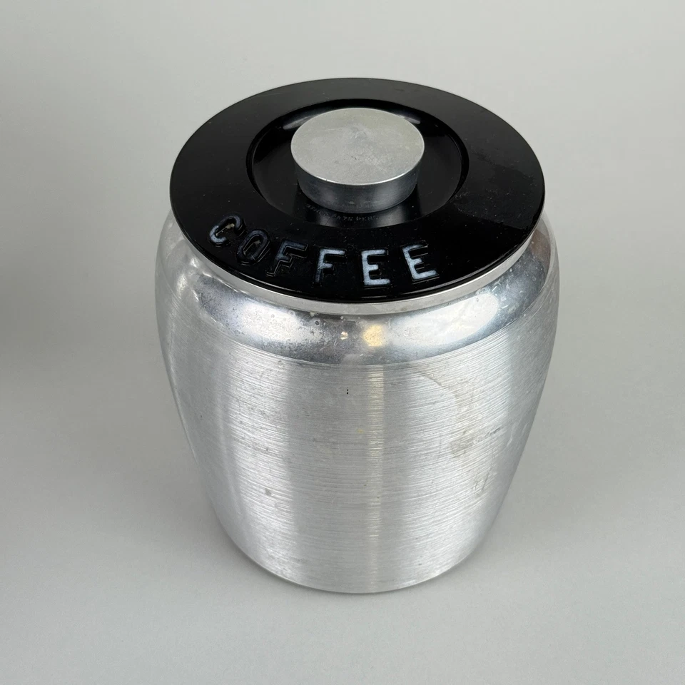 Juego de 4 latas de aluminio vintage Kromex de harina azúcar café té tapas negras Foto 2 de 4