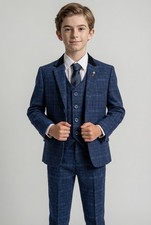 Boys Kids Cavani Slim Fit Retro Blue Check Tweed Suit Vintage Peaky RRP  144
