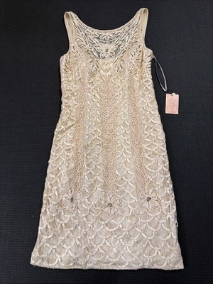 New Sue Wong Nocturne Dress 10 Antique Champagne Beaded Archive Glamour Lace