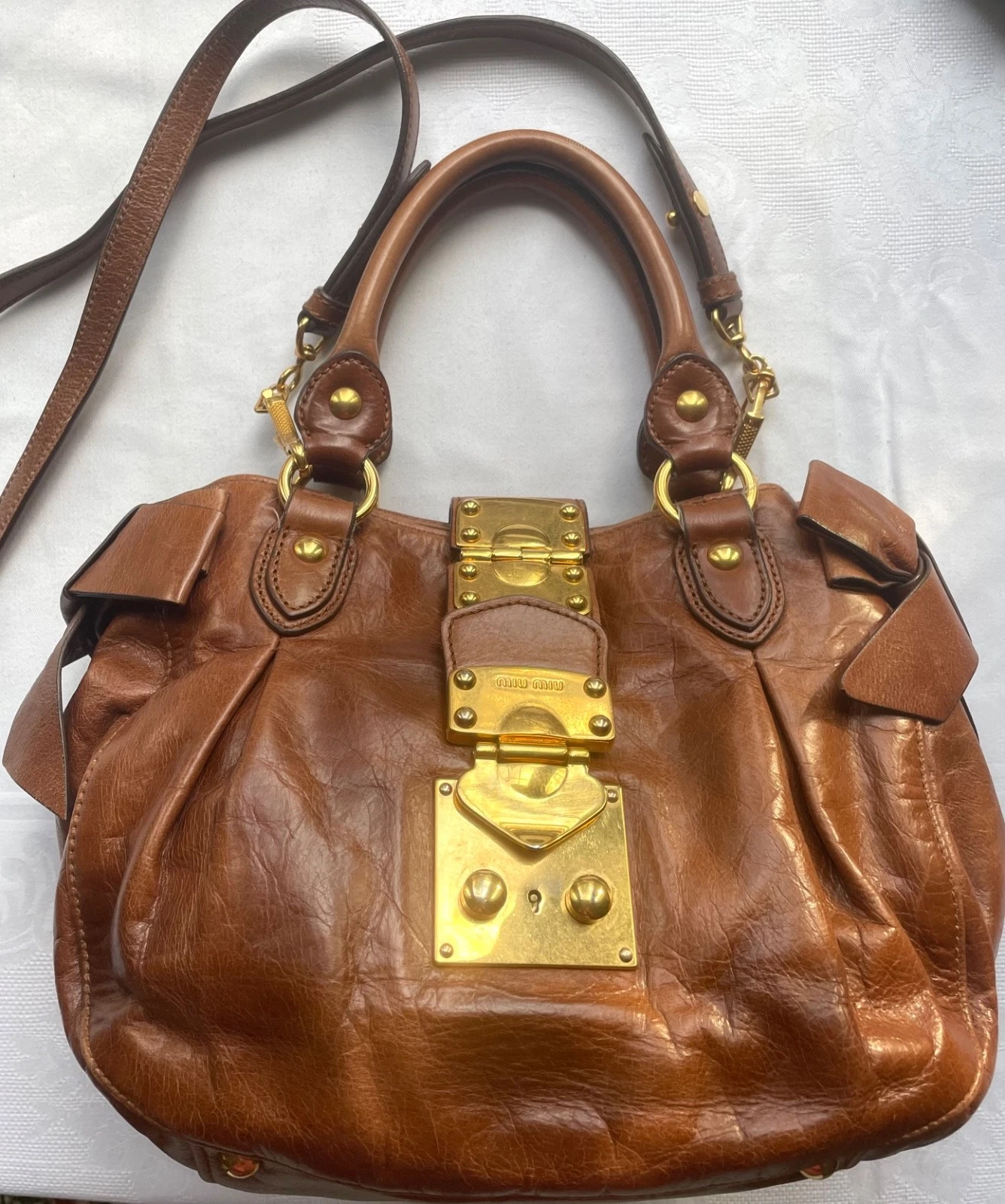 Miu Miu — EUC MIU MIU Vitello Lux Brown Leather 2Way Shoulder Bag Side Ribbons