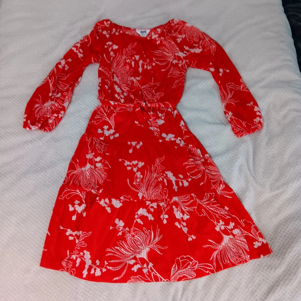 Montgomery Ward Vintage Hecho en Unión Rojo Transparente Vestido Midi Mangas Abullonadas Cinturón Foto 2 de 4