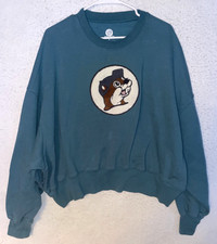 Buc-ee's Sweatshirt Womens sz L Crewneck Pullover Beaver Cotton Long Sleeve Teal