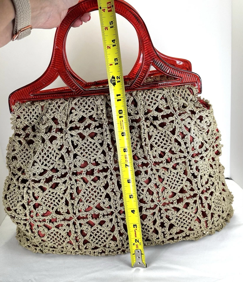 Vintage Red Lucite & Beige Crochet Mid-Century Satin Lining Women’s Lg Handbag - Image 3 of 4