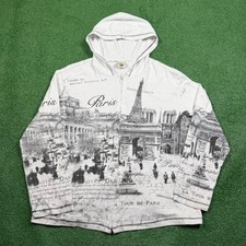 Vintage Paris All Over Print Zip Up Hoodie womens L White Eiffel Tower USA Made