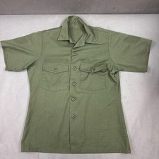 Vintage US Military Shirt Mens Large Green OG 507 Poly Cotton 70s Distressed