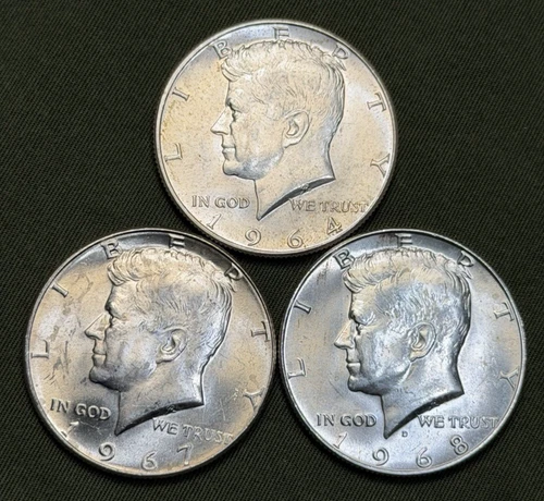 Three Silver Kennedy Half Dollars 1964-D, 1967-P & 1968-D- Uncirculated