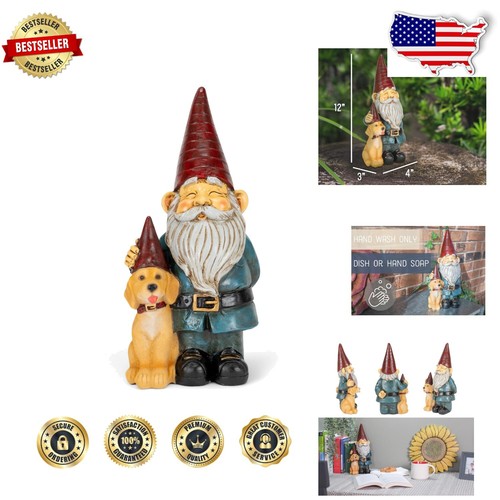 Joyful 12-Inch Gnome and Dog Garden Statue - Ideal for Patios & Gifts