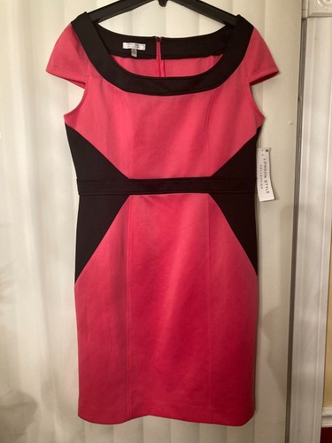London Style- Cap-Sleeve Colorblock Shealth Dress,   size: 16,  Pink/Black