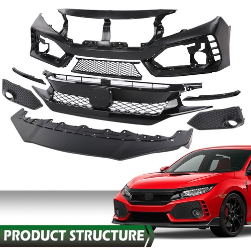 Type R Style Front Bumper Cover Kit w/ Grille+Lip Fit For 2016-2021 ...