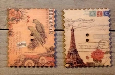 2 Mixed Parrot Tower Stamp Sewing Buttons Crafting Wood 2 Hole 1.5" x 1 1/8" 