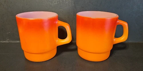 Vintage FIRE KING Orange Ombre D Handle Stackable Coffee Cups Mugs Set Of 2
