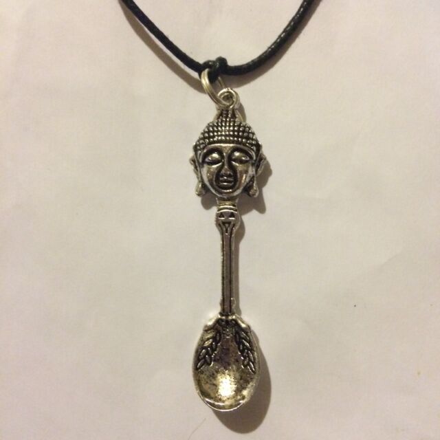 10 Silver Buddha Hamsa Hand Spoon Charm Pendant Long Cord Necklace Handmade Gift