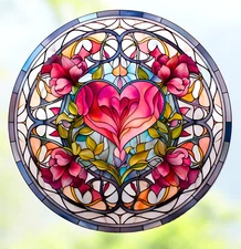 Pretty Pink Heart Faux Stained-Glass WINDOW CLING Suncatcher Size 8" Round