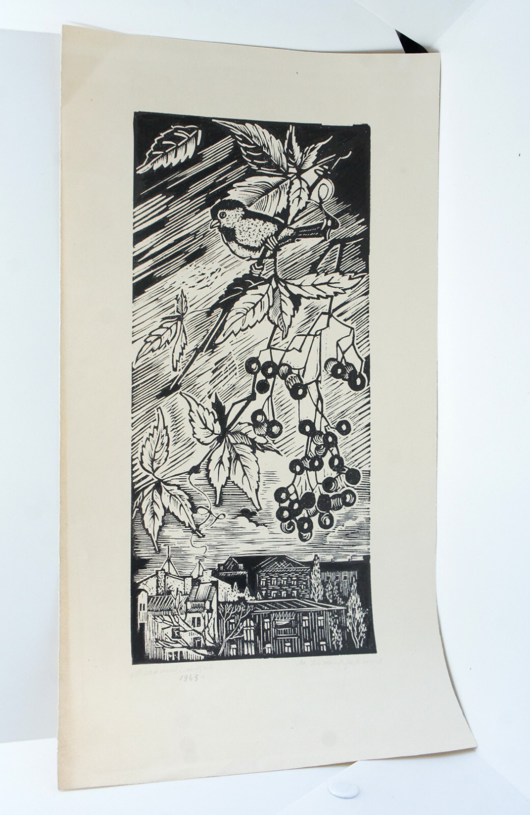 Linocut Engraving Print Titled Signed by Ukrainian Soviet Artist 1963