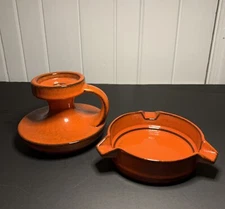 Steuler MCM Orange Ceramic Candle Holder & Cigar Ashtray 2 Piece Set 1960’s