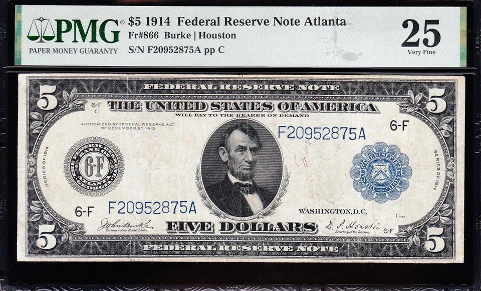 VERY NICE Bold & Crisp VF+ 1914 $5 ATLANTA FRN Note! PMG 25! FREE SHIP! 52875A - Image 2 of 3