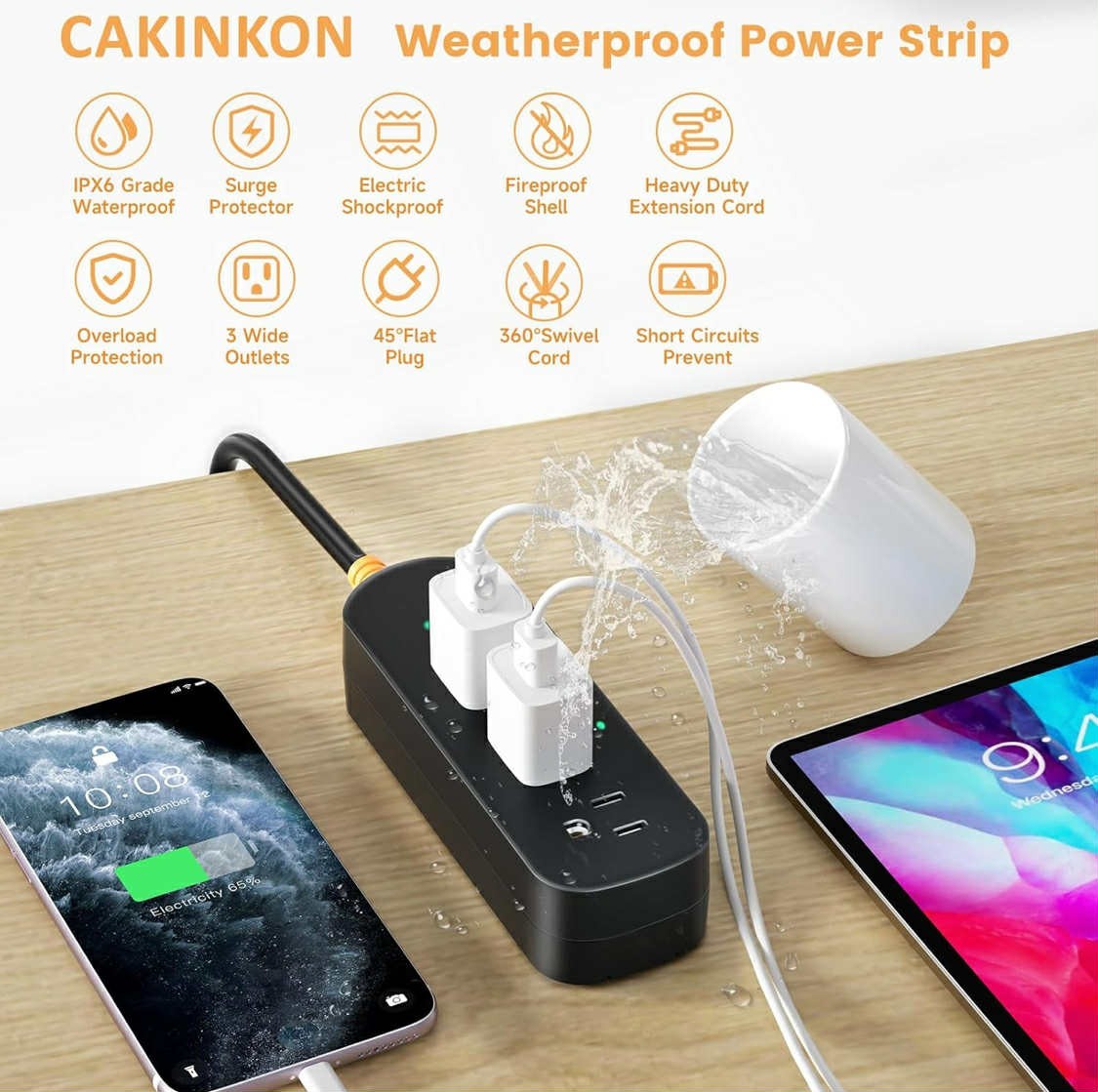 IPX6 Waterproof Outdoor Power Strip 6FT Heavy Duty Cord 4 AC Outlets