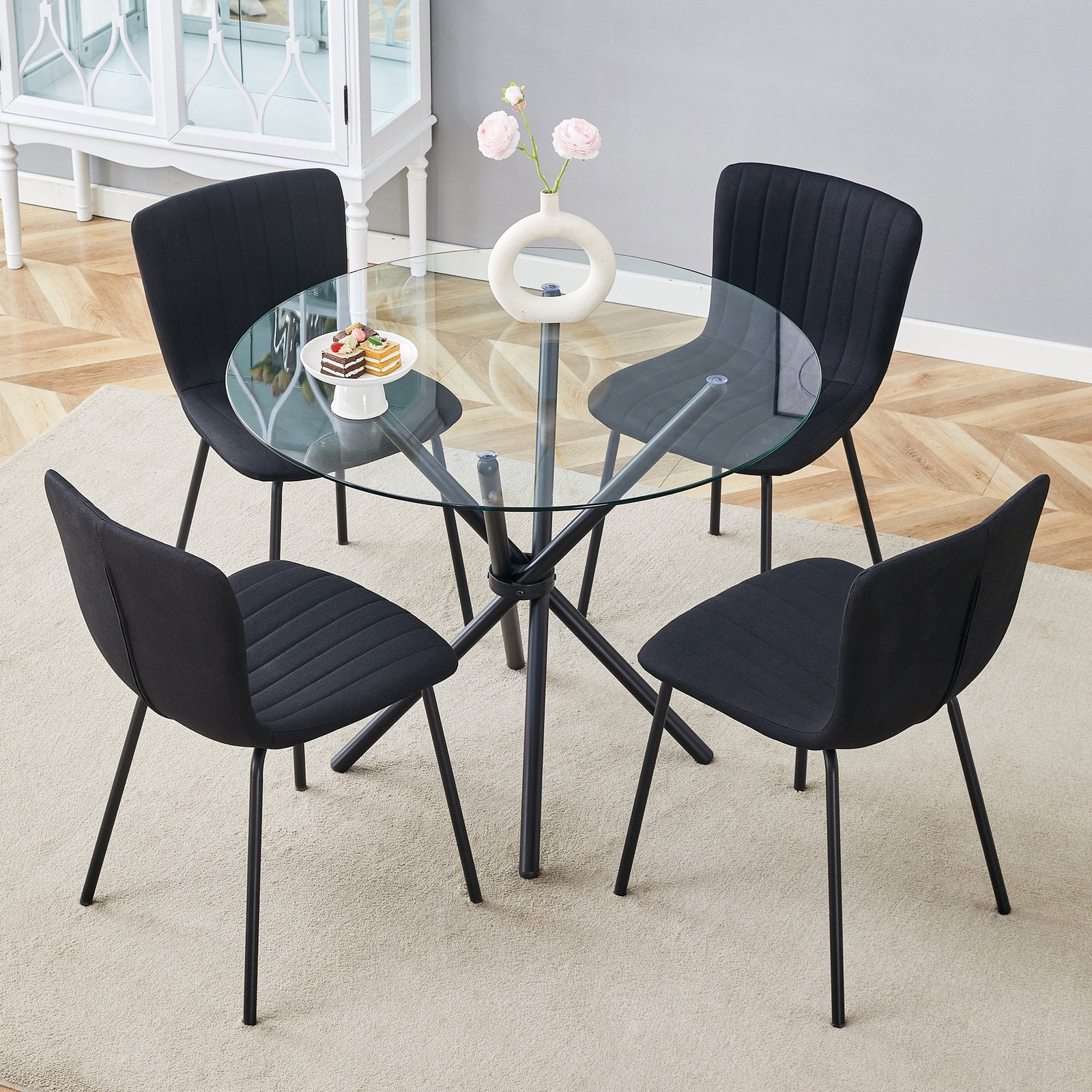 Modern Round Glass Dining Table with 4 Sleek Black Chairs
