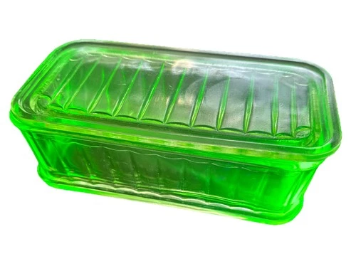 VTG Green Uranium Vaseline Glass Ribbed Refrigerator Loaf Dish w/ Lid 1930s