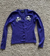 Sourpuss Purple Skull And Crossbones Patch Button Up Sweater Medium Lightly Worn