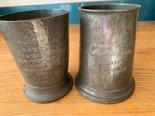 2 Pewter tankards awarded by Hoover to J H Wiggett in 1932 and 1935