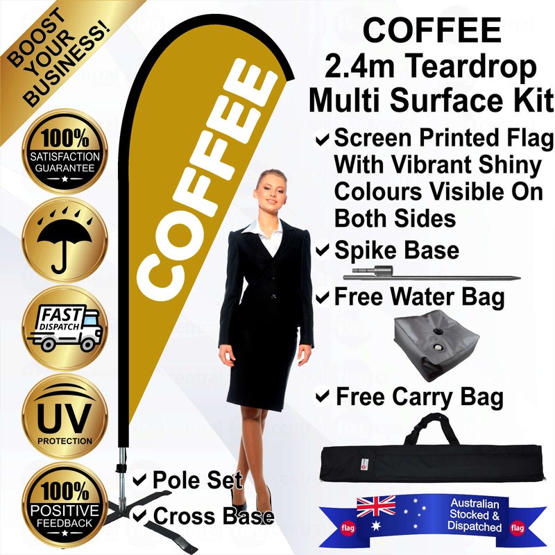 K - COFFEE Gold 2.4m Teardrop Flag / Banner Kit with Pole Set, Galvanised Steel Ground Spike, Steel Outdoor Cross Base, Free 15kg Water Bag and a Free Carry Bag - 1