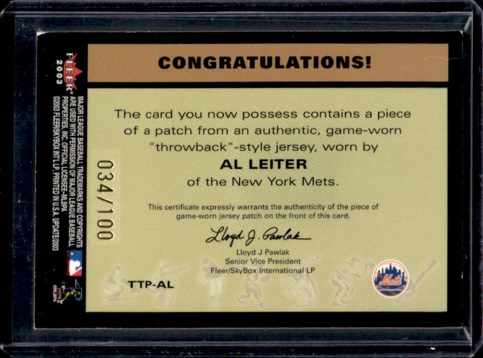 2003 Fleer Tradition Update Al Leiter Throwback Threads Patch #/100 Mets - Image 2 of 2
