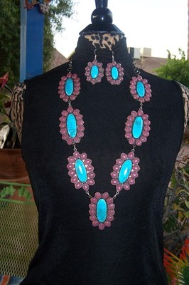 HUGE Southwestern Silver Pink & Turquoise Cluster Squash Blossom Lariat Necklace
