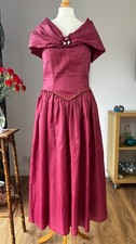 Vintage 80s Bridesmaid Prom Dress 10-12 Burgundy Satin Off Shoulder Full Skirt