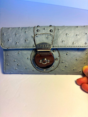 GUESS Gray Checkbook Wallet Women Folding Credit Card Studded Logo Flap