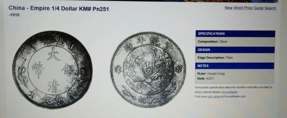 1910 1/4 Dollar China Empire KM# Pn251 Item # 516. - Image 3 of 3